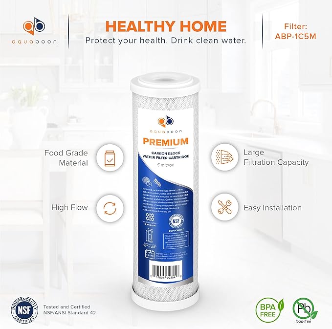 Aquaboon 5 Micron Water Filter 10 x 2.5 - Premium Carbon Block Water Filter - Carbon Water Filter Cartridges - Whole House Water Filter Cartridge Replacement Compatible with FXWTC, WFPFC8002, 5 Pack