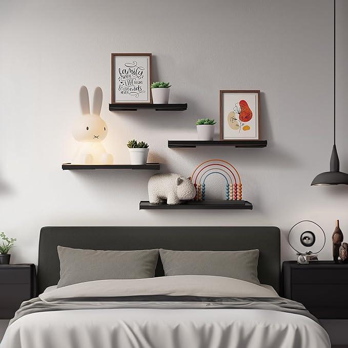 BAYKA Wall Shelves for Bedroom Decor, Floating Wall Shelves for Living Room Kitchen Storage, Wall Mounted Rustic Wood Floating Shelves for Kids Books, Corner Shelves for Bathroom, Office(Set of 3)