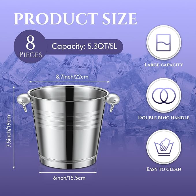 Amyhill 8 Pack Stainless Steel Ice Bucket 5.3 Quart/ 5 Liter with Handle Large Insulated Champagne Buckets Beer Bucket for Cocktail Bar Wine Parties Chilling Wine Champagne Home(Silver)