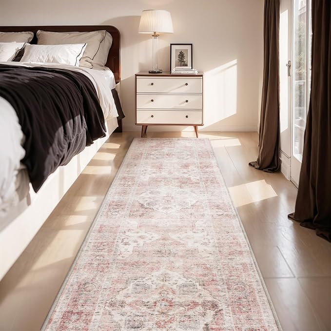 AMOAMI-2X6 Runner Rug-Washable Runners for Hallways-Soft Non Slip Bedside Rugs for Bedroom-Vintage Long Rug for Hallways Entryway Laundry Room Stair Kitchen Bathroom Pink