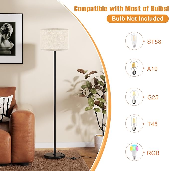 Ambimall 60'' Modern Floor Lamp with Shade, Tall Lamps for Living Room, Bedroom, Office, Dining Room, Beige Shade with Black Pole(Without Bulb)