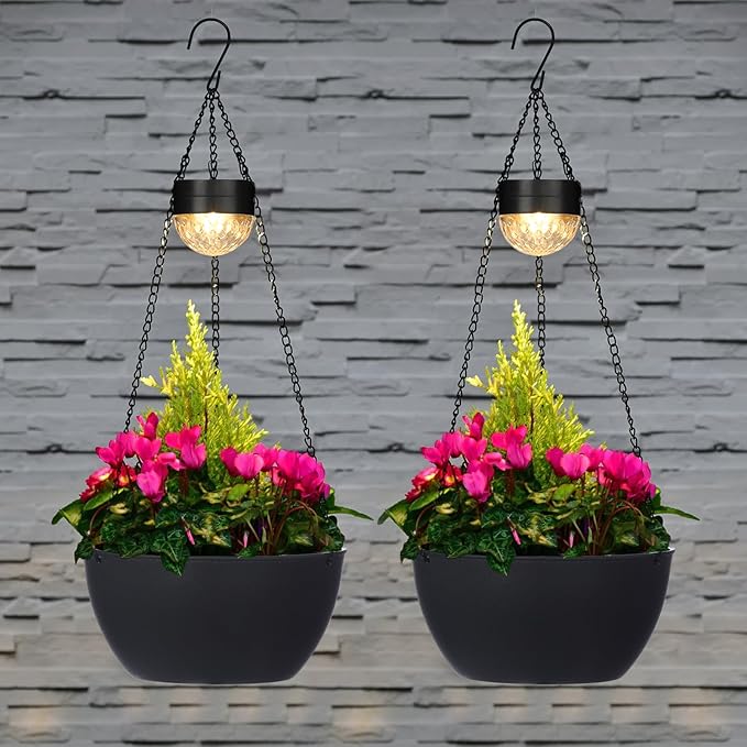 2 Packs Solar Hanging Basket Planters for Plants Outdoor, Self Watering Black Flower Plants Pots with Solar Light Drainer for Balcony Patio Garden Outdoor Decoration