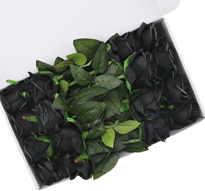 Black Fake Roses Artificial Flowers - 16 Pcs Fake Artificial Roses Silk Flowers with Stems for Home Wedding Hotel Office Centerpiece Decor