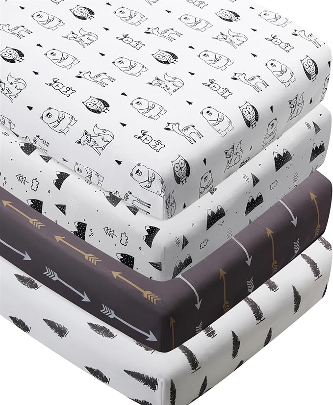 4 Pack Woodland Forest Animals Wood Neutral Unisex Fitted Baby Crib Sheets Set for Baby Boys or Girls Cartoon