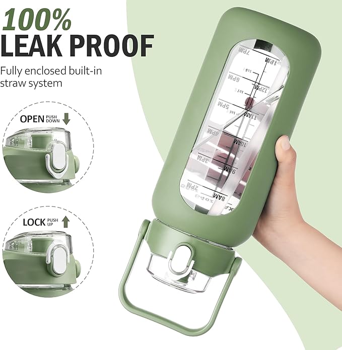 64 oz Glass Water Bottle with Straw and 2 Lids, Half Gallon Water Bottle with Sleeve, Large Insulated 2 Liter Glass Water Jug Time Marker with Handle - Olive