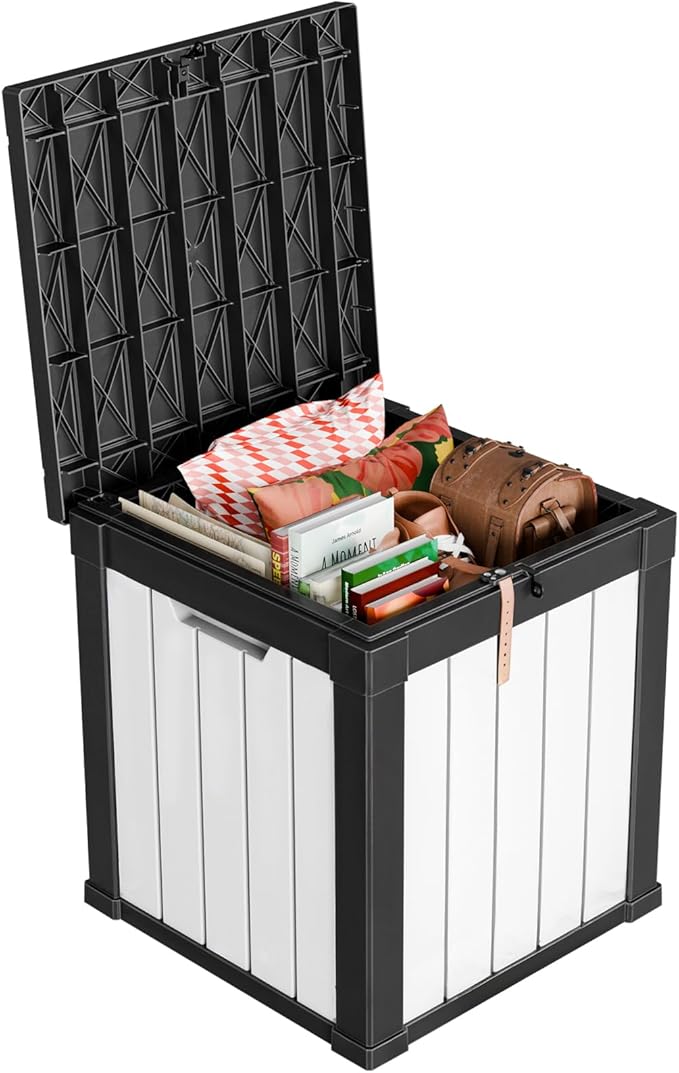 50 Gallon Deck Box Large Outdoor Storage for Patio Furniture,Outdoor Cushions,Garden Tools and Pool Supplies,Waterproof,Resin,Lockable(Black&White)