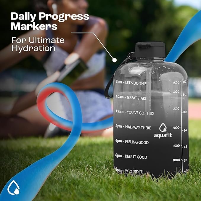 AQUAFIT 1 Gallon Water Bottle with Time Marker - BPA Free 128 oz Water Bottle with Straw, Gym Water Bottle with Handle, 1 Gallon Water Jug, Big Water Bottle, Large Water Bottle (Nude)