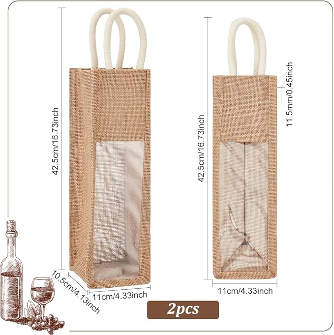 BENECREAT 2 Pack Burlap Wine Bottle Bags, Jute Wine Tote Gift Bag with Clear Window and Handle for Wedding Birthday Festivals Souvenir Packaging Wine Gift Packaging (Single Bottles)