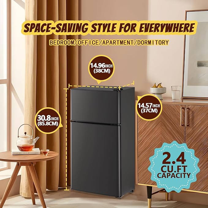 2.4 Cu.ft Mini Fridge with Freezer Compact Fridge Refrigerator Dual Door Small Fridge Senven Temp Gear Removable Shelves Dark Grey