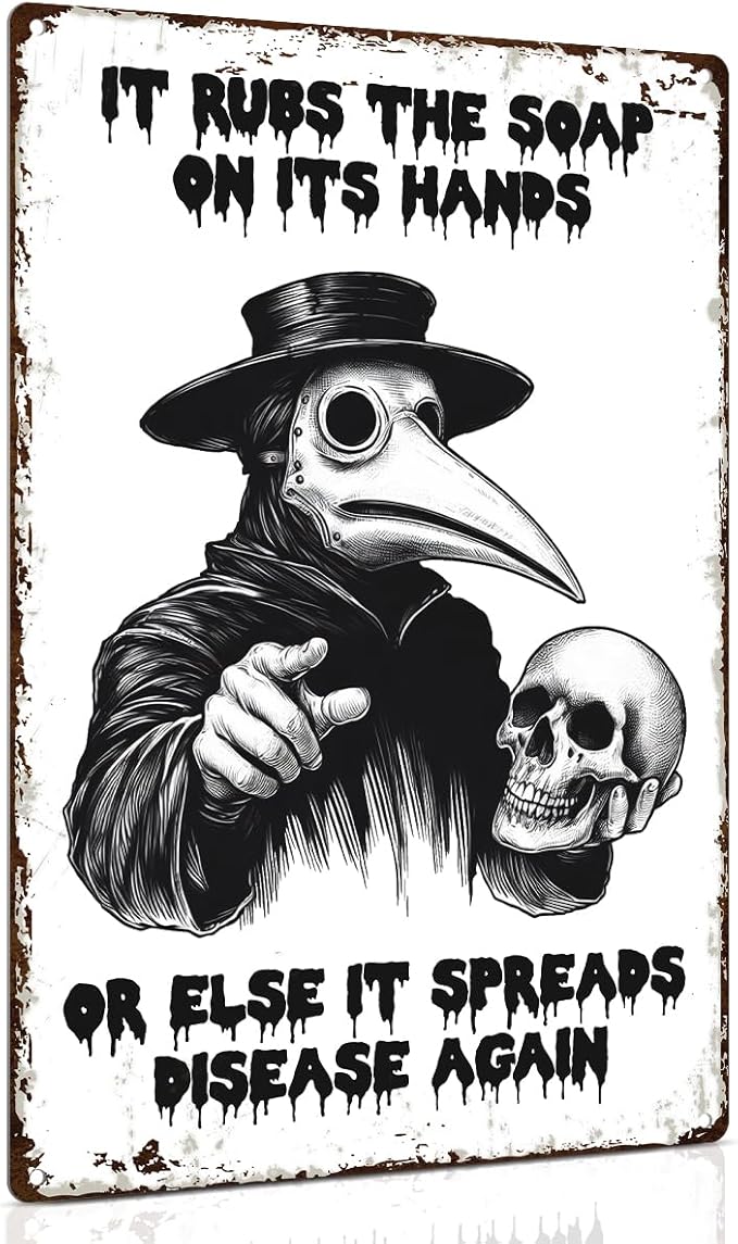 ALKB Halloween Bathroom Decor 8 x 12 Inch - Goth Plague Doctor Metal Tin Sign,Gothic Lovers Gifts,IT RUBS THE SOAP ON ITS HANDS