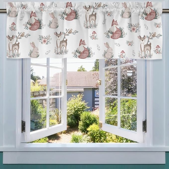 Baby Woodland Animals Leaves Mushroom Valances 54''x18'' Kids Toddler Nursery Bedroom Decor Drapes Deer Rabbit Fox Rod Pocket Short Curtains for Living Room Bathroom Kitchen Cafe 1 Pack
