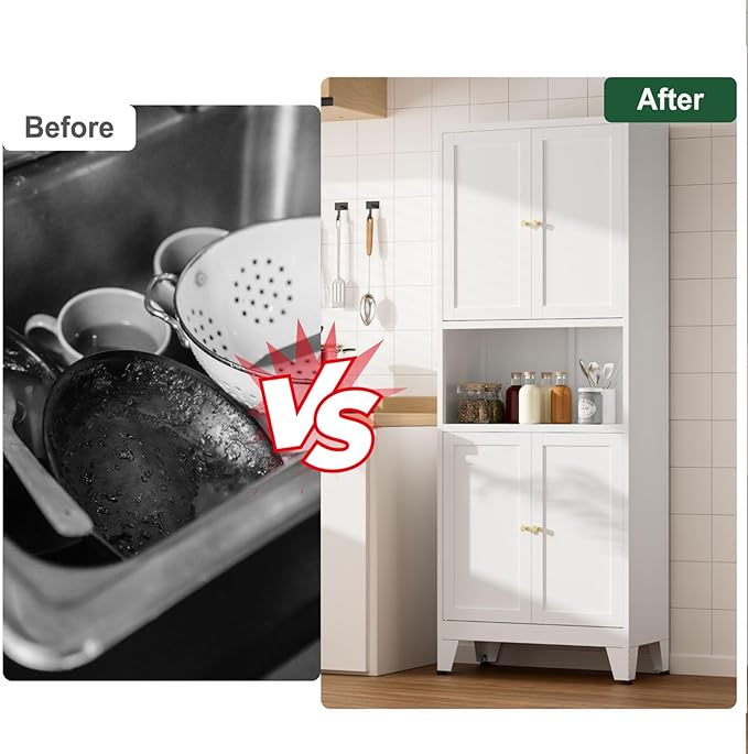 69" Tall Kitchen Pantry Cabinet, Metal Storage Cabinet with 4 Doors and Adjustbale Shelves, Freestanding Cupboards for Dining Room, Living Room, Bathroom