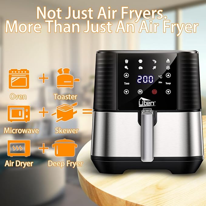 5.5L Air Fryer, Electric Oilless Cooker with LED Digital Touchscreen, 7 in 1 Uten Hot Oven Cooker, 6 Quart Large Stainless Steel Non-Stick Air Frier Pot, 1700W(Silver Black)