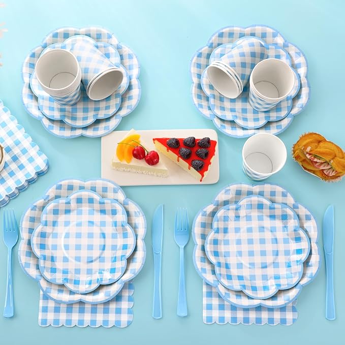 175 Pcs Blue Gingham Plates and Napkins Party Supplies - Blue and White Checkered Plates Sets Serve 25 Guests - Scalloped Gingham Paper Plate for Birthday Dinner Wedding Baby Shower Party Decorations