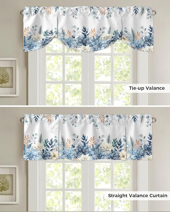 Blue Christmas Poinsettia Blackout Tie Up Valance Curtains for Kitchen Windows Winter Eucalyptus Leaves Window Toppers Balloon Shades for Living Room/Bathroom/Bedroom,1 Panel, 42" X 12",