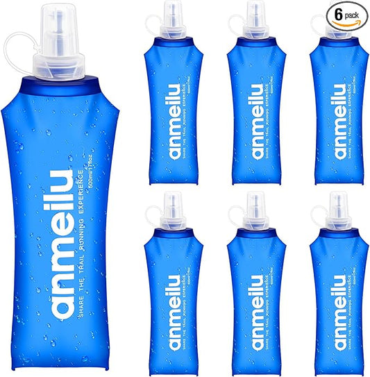 6 Pack TPU Soft Folding Water Bottles Sports Collapsible Flask Water Bottle Pocket Folding Handheld Soft Water Bottle for Hydration Pack for Hiking Running Cycling Climbing(500ml/16.9oz)