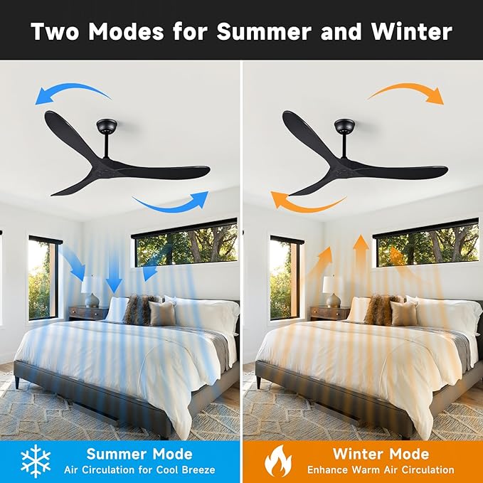Bigzone 60" Black Ceiling Fan No Light, Energy Efficient DC Motor, 3 Brown Balsa Wood Blades, Wood Ceiling Fan with Remote Control, Reversible Blades