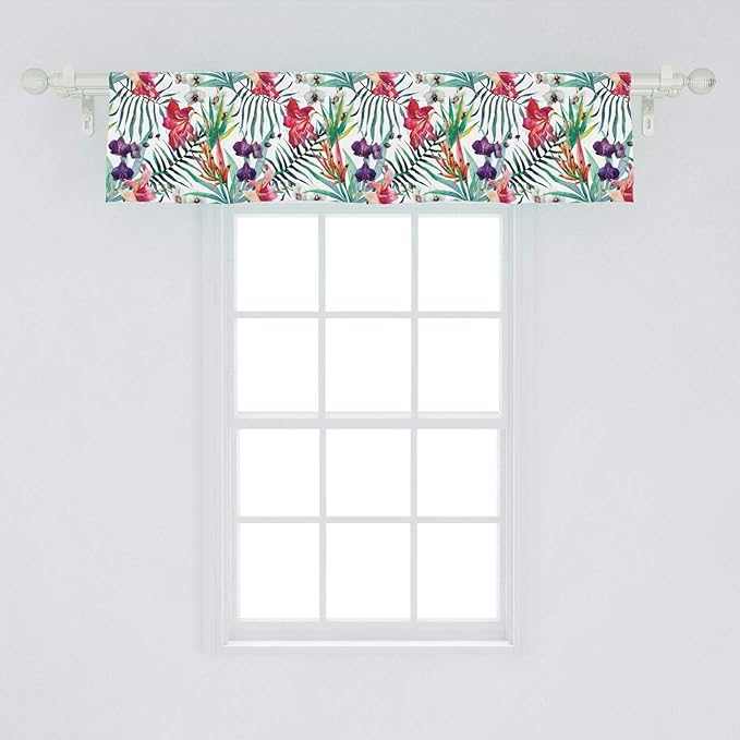 Ambesonne Watercolor Flower Window Valance, Tropical Wild Orchid Flowers with Palm Leaves Print Exotic Style Nature, Curtain Valance for Kitchen Bedroom Decor with Rod Pocket, 54" X 12", Green Red
