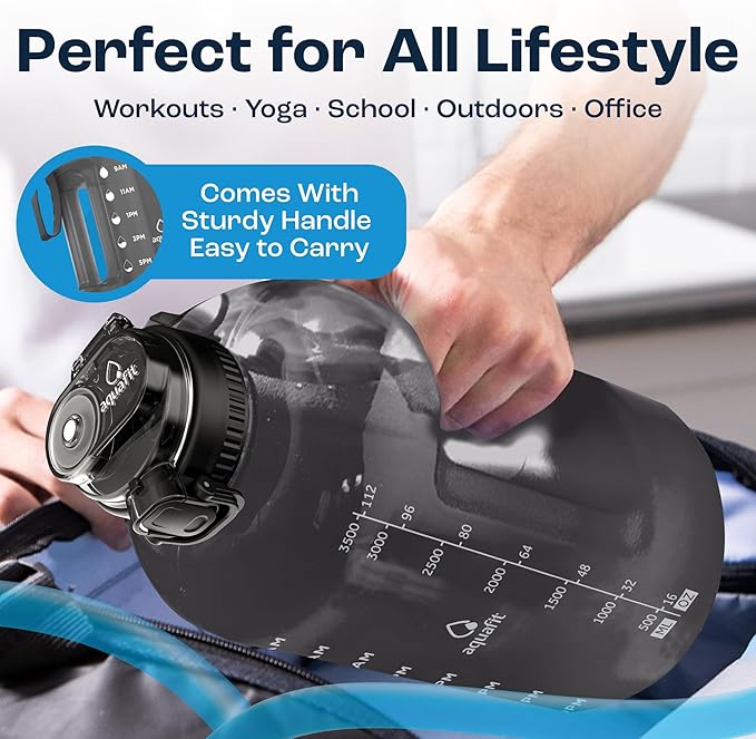 AQUAFIT 1 Gallon Water Bottle with Time Marker - BPA Free 128 oz Water Bottle with Straw, Gym Water Bottle with Handle, 1 Gallon Water Jug, Big Water Bottle, Large Water Bottle (Gray)