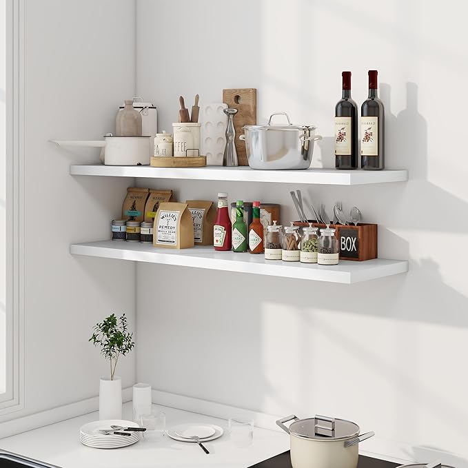 48" Floating Shelves for Wall, 12" Deep Slim White Floating Shelves, Wall-Mounted Shelves for Bedroom, Living Room, Kitchen, Bathroom - Set of 2