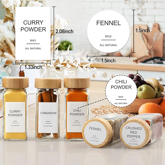 AISIPRIN Glass Spice Jars with 398 Labels, 24 pcs 4oz Spice Containers with Bamboo Lids, Square Spice Bottles With Shaker Lids,Spice Organization for Cabinet,Drawer,Rack,Seasoning Organizer