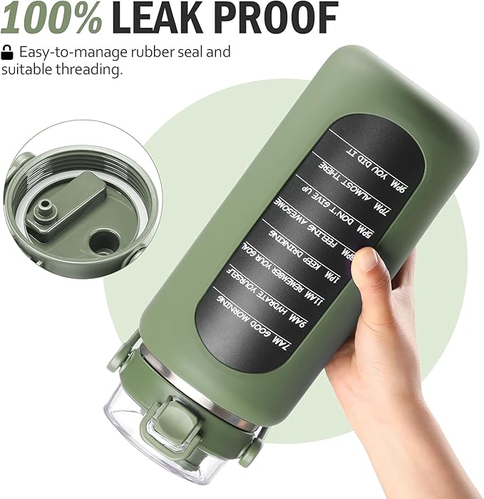 BLUEGO 64oz Insulated Water Bottle with Straw and Handle Leakproof Half Gallon Wide Mouth Motivational Water Bottle, 2-IN-1 Straw Spout Lid Stainless Steel Water Jug for Sport Travel Gym-Oliver