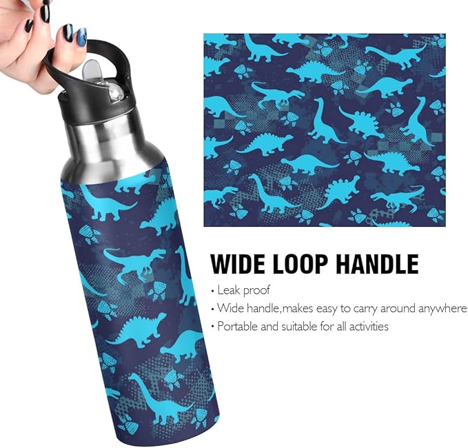 Blueangle Cute Dinosaurs Stainless Steel Water Bottle with Straw, BPA Free Reusable Leakproof Water Jug for Fitness Camping Outdoor Sports