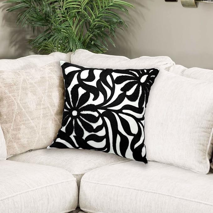 Alysheer Farmhouse Floral Leaves Embroidered Decorative Throw Pillow Cover 18x18 inches, Boho Tufted Flowers Embroidery Pattern Chic Cotton Cushion Case for Couch Bed Sofa Living Room(Black)