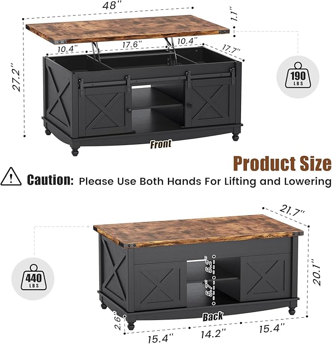 48" Farmhouse Lift Top Coffee Table with Storage Sliding Barn Door & Large Hidden Compartment, Coffee Table with Lifting Top with Wooden Lift Tabletop, Coffee Tables for Living Room, Black