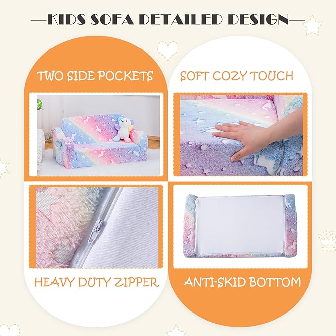 Baby Toddler Sofa Couch for Kids Extra Wide 2-in-1 Toddler Kids Fold Out Couch Bed for Playroom, Pull Out Children Convertible Sofa to Lounger for Boys & Girls with Double Pockets, Pink Horse