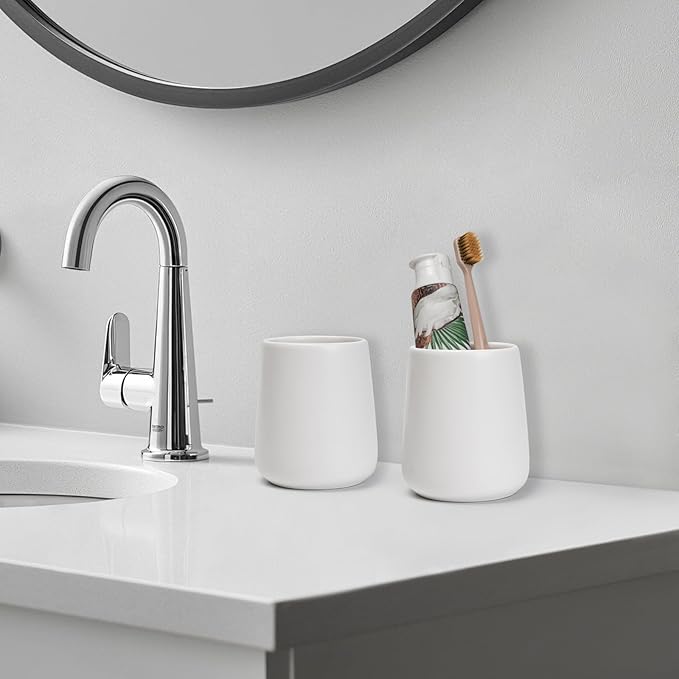 Bathroom Tumbler Cup Ceramic 2Pcs 13.5oz Reusable Toothbrush Cup 400ml, Toothbrush Holder Adequate for Your Bathroom (White)