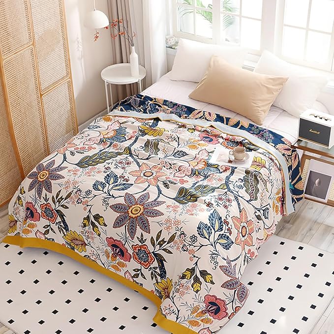 Boho Muslin Blanket for Adults 6-Layer Gauze 80 x 90 Inches Soft Cozy 100% Cotton Summer Cooling Blanket Floral Farmhouse Home Decor Sofa Bed Coverlet Both Sides (Boho Floral, 80 x 90 in)