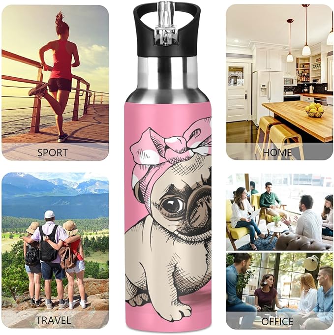 Blueangle 20 OZ Pink Headband Pug Water Bottle with Straw, Sports Water Bottle BPA Free Stainless Steel Water Jugs for Gym, Kitchen, Working, Outdoor