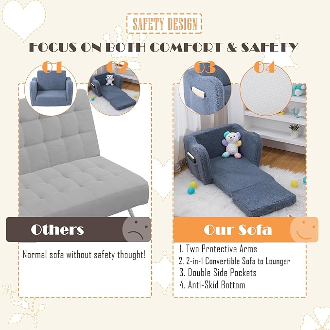 Baby Toddler Sofa Couch for Kids Foldable 2-in-1 Sherpa Fold Out Couch Bed for Playroom, Pull Out Children Convertible Sofa to Lounger Sleeper Chair for Boys & Girls with Double Pockets - Dark Grey