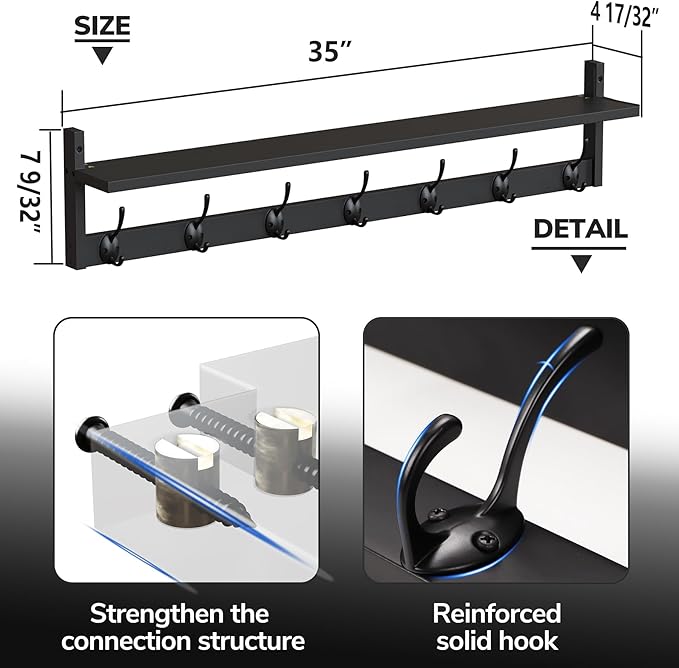 BAMEOS 35 Inch Wall Hooks With Shelf - Entryway Hanging Wood Coat Rack With 7 Dual Hooks for Bathroom, Living Room, Bedroom (Black)
