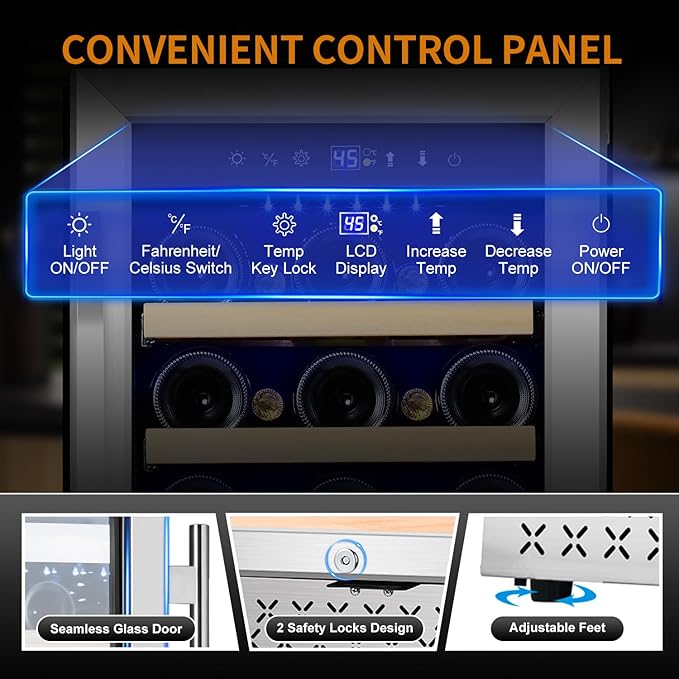 15 Inch Wine Fridge 32 Bottles Wine Cooler Refrigerator Undercounter Wine Fridge with Glass Door, LED Light, Removable Wooden Shelves, Built-in or Freestanding Wine Refrigerator for Home Office Bar