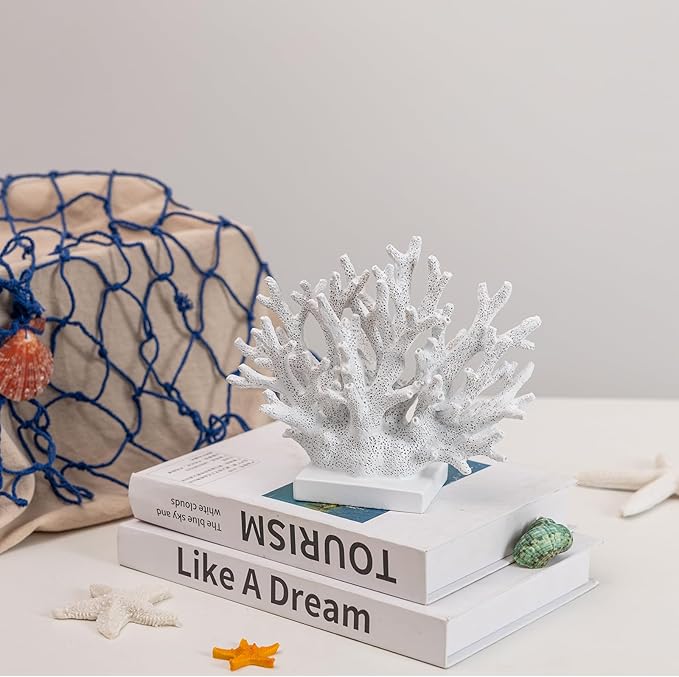 5.8" H White Coral Decor, Resin Coral Statue, Nautical Decorations for Home, Bedroom, Bathroom, Living Room, Beach/Coastal/Ocean Themed Cabinet Shelf Tabletop Decor