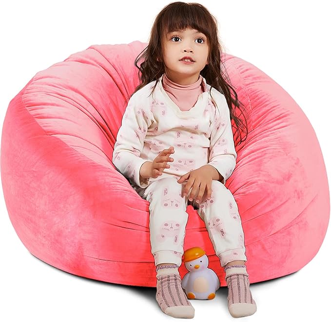 Bean Bag Chair Cover, Stuffed Animal Storage, Plush Toys Organizer Holder, Beanbag Chairs Cover for Kids Teans and Adults Super Soft and Comfortable Fabric X-Large with Handle and Zipper -Round Pink