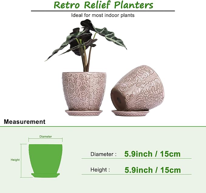 6 Inch Retro Ceramic Planter Set of 2 with Drainage Hole and Saucer for Plants, Indoor-Outdoor Garden Pots for Succulent, Orchid, and Flower (Fits Inner Pots Up to 5 Inches, Retro Peach)