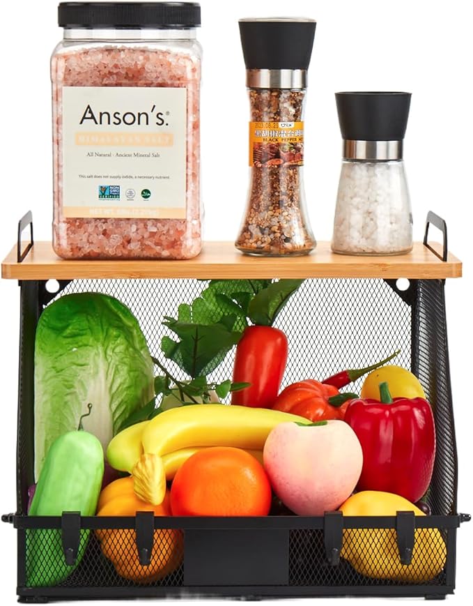 1 SET Large fruit basket for kitchen counter-stackable basket with Bamboo Tops & Tag,hanging wall baske,for Cabinet Shelf Countertop pantry storaget, onion potato Vegs Bread Food Organizing Bin,BLACK