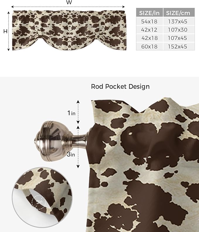 Brown Cowhide Cow Print Blackout Tie Up Valance Curtains for Kitchen Windows Graffie Window Toppers Balloon Shades for Living Room/Bathroom/Bedroom,1 Panel,60" X 18"