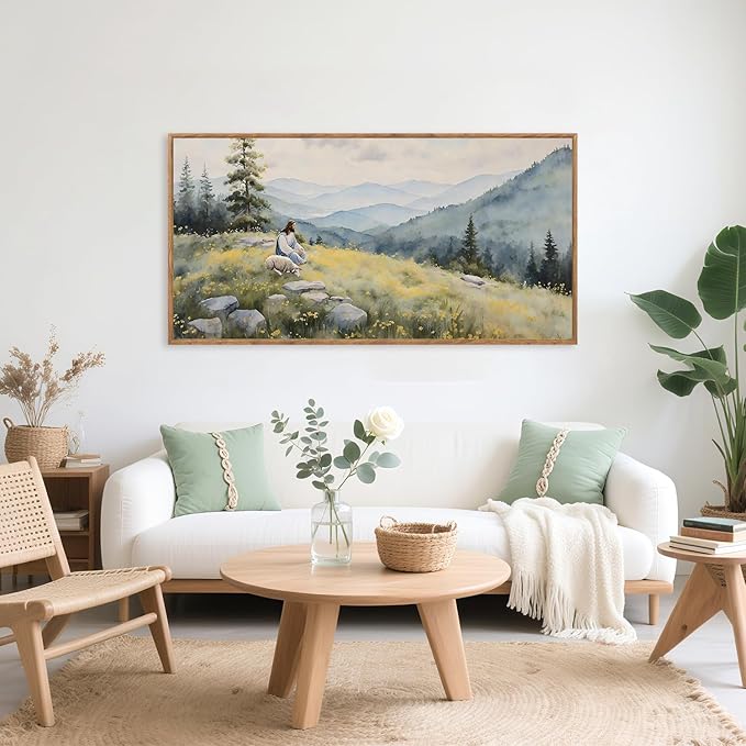 Aurlan Christian Jesus with Lost Sheep Wall Art(40"x20"), Boho Religious Lamb The Good Shepherd Psalm 23 Canvas Artwork, Large Abstcat Watercolor Vintage Nature Landscape Bible Story Decor for Home Dining Room Christ Gift