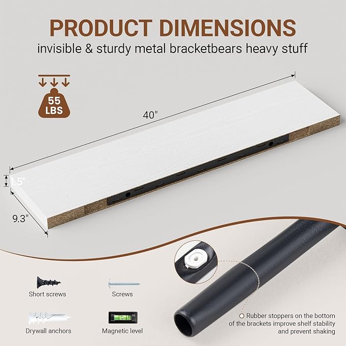 40 Inches Floating Shelves for Wall,9.3" Deep White Long Floating Shelves Set of 2,Large Display & Storage Shelf,Wall Shelf for Bathroom Bedroom Living Room Kitchen Office