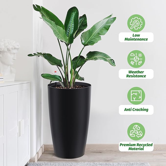 22" Tall Round Planter Set of 2, Self Watering Pots for Indoor Plants, Large Flower Pot Outdoor with Built-in Drainage and a Water Level Monitor, for Patio, Porch, Living Room, or Home Office, Black