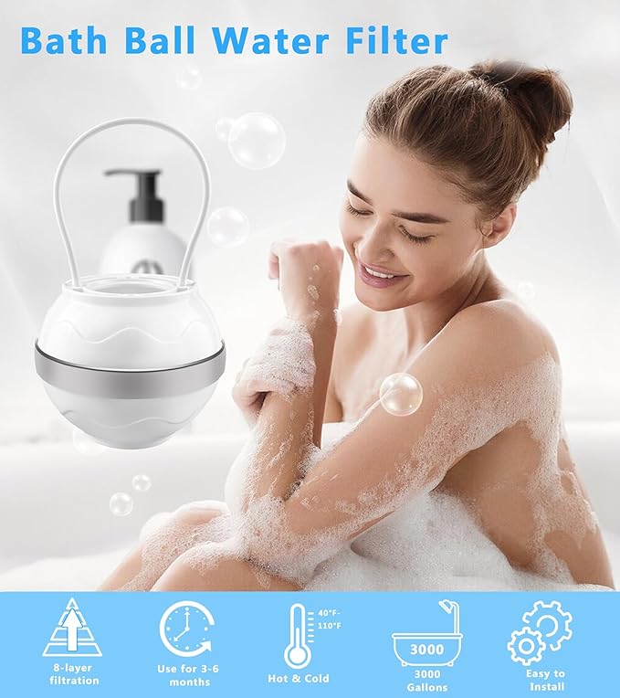 Bath Ball Water Filter,Bathtub Water Filter,8-Stages Bathtub Filter for Tub Faucet,Bath Filter for Tub Removes Contaminants with 3000 Gallons of Filtration,BPA Free,Smoother Skin and Healthier Hair
