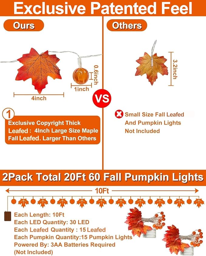 2 Pack Fall Garland with Pumpkin Lights Halloween Decorations Indoor 60 LED 20 Ft Enlarged Maples Leaves Fall Lights Battery Operated Halloween Garland Thanksgiving Decor Home Indoor Outdoor Christmas