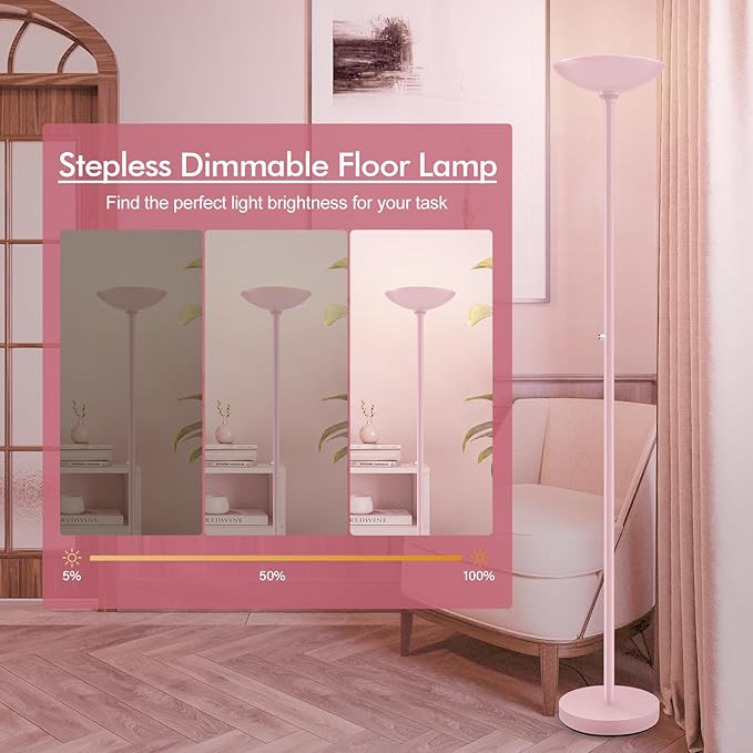 BoostArea Torchiere Floor Lamp Pink, 30W Super Bright LED Standing Lamp, 3000K Stepless Dimmable Pole Lamp with Rotary Switch, 71inch Tall Metal Modern Floor Lamps for Living Room,Bedroom,Home Decor