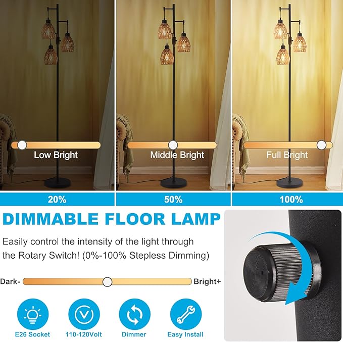 Boho Rattan Floor Lamp-Standing Lamps for Living Room 70'' Dimmable Floor Lamp with Cage Shade, Industrial Farmhouse Floor Lamps Rustic Floor Lamps Vintage Lamp for Living Room Bedroom Office