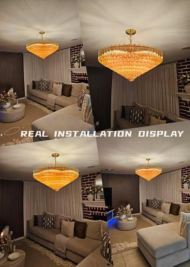 Amber Glass Chandeliers for Dining Room Over Table, 43" Modern Rectangular Dining room Chandelier, Honeycomb Layered Crystal Kitchen Island Long Chandelier Gold Dimmable Ceiling Light for Kitchen