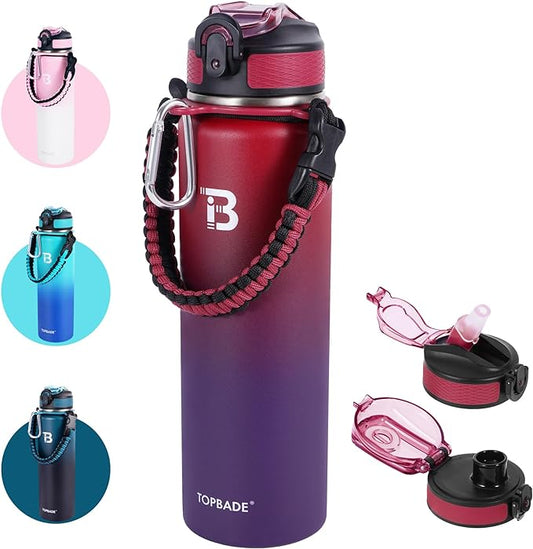 32oz Insulated Water Bottle with Straw Lid & Spout Lid & Paracord Handle, Stainless Steel Water Bottle Wide Mouth, Double Wall for Women Men Gym Fitness Outdoor